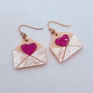 Heart Envelope Love Note Dangle Earrings Pink Red Acrylic 1.5”